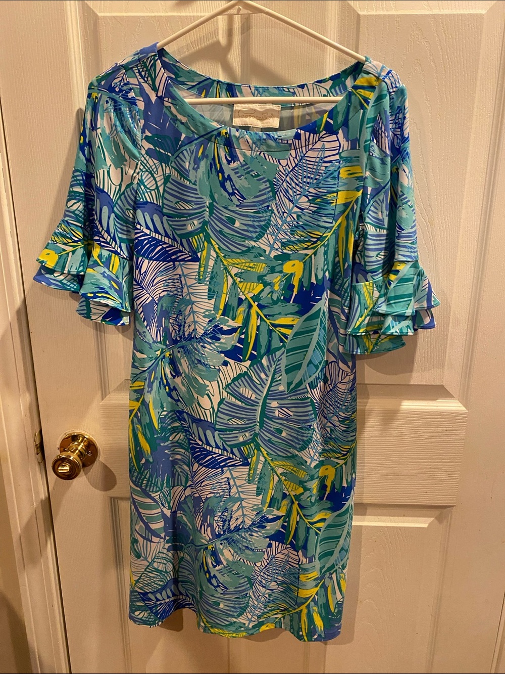 Pappagallo Blue Aqua Tropical-Print Ruffle Sleeve Midi Dress